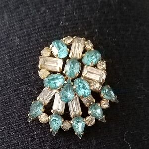Vintage Gold Filled Teal and Clear Crystal Pendant..Pin Is Missing